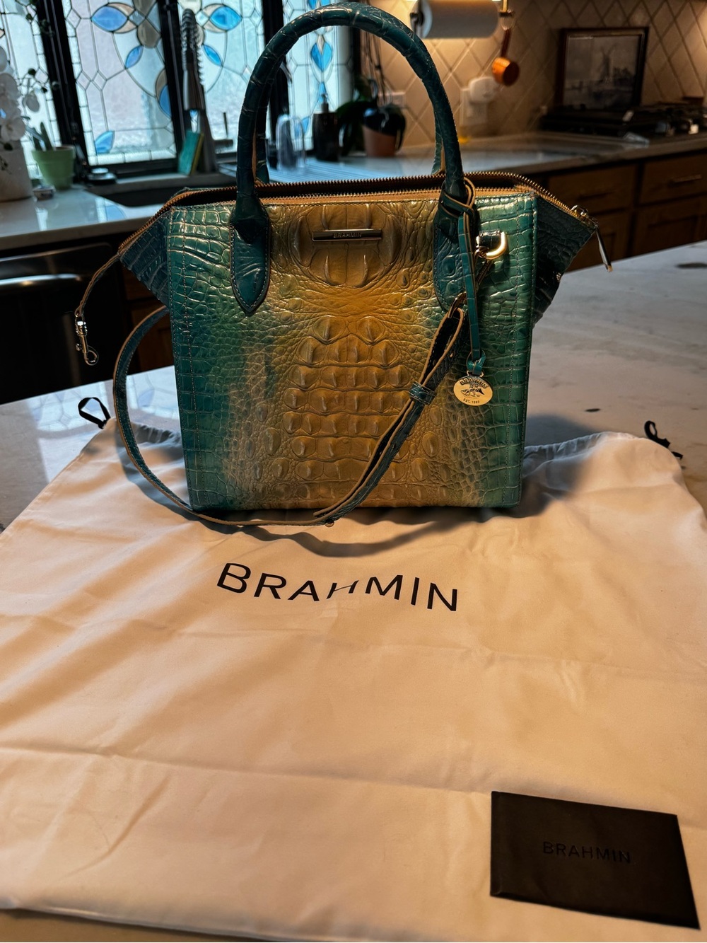 Brahmin Teal and Gold Ombre Croc-Embossed Satchel with Shoulder Strap